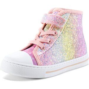 Toddler Glitter Sneakers Girls Canvas High Top Walking Shoes With Hook and Loops